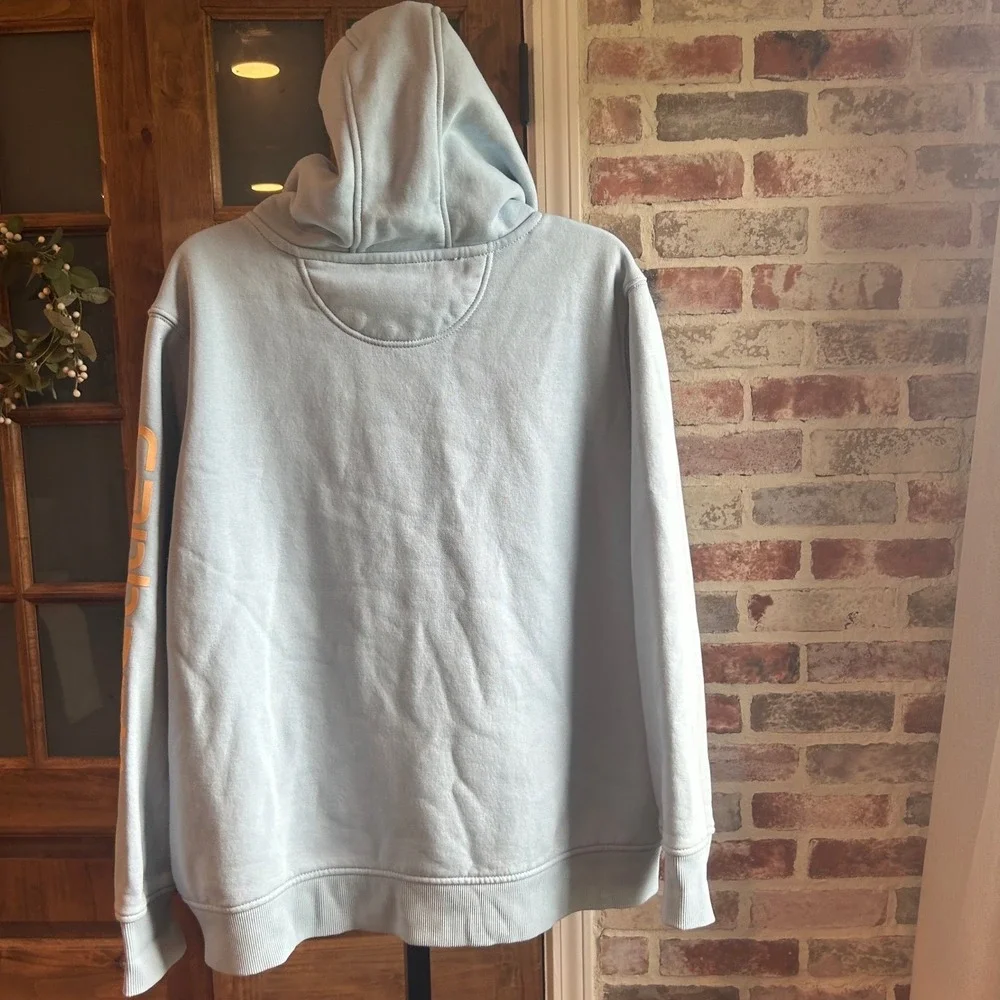 Carhartt Hoodie Women 2X Baby Blue Relaxed Fit Logo Arm Graphic Pullover FLAW